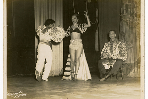 Dancers and a bongo player performing in Cuba, undated. Toy Moon LLC Photograph Collection. Cuban Heritage Collection, University of Miami Libraries
